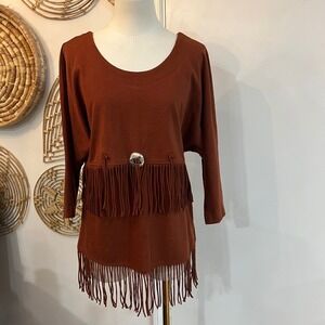 Vintage Impact Fringe Western Boho Concho Top Rust Brown Long Sleeve Large